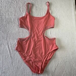 AERI  Coral With Blue Dots One Piece Swimsuit  Size Extra Large Open Sides